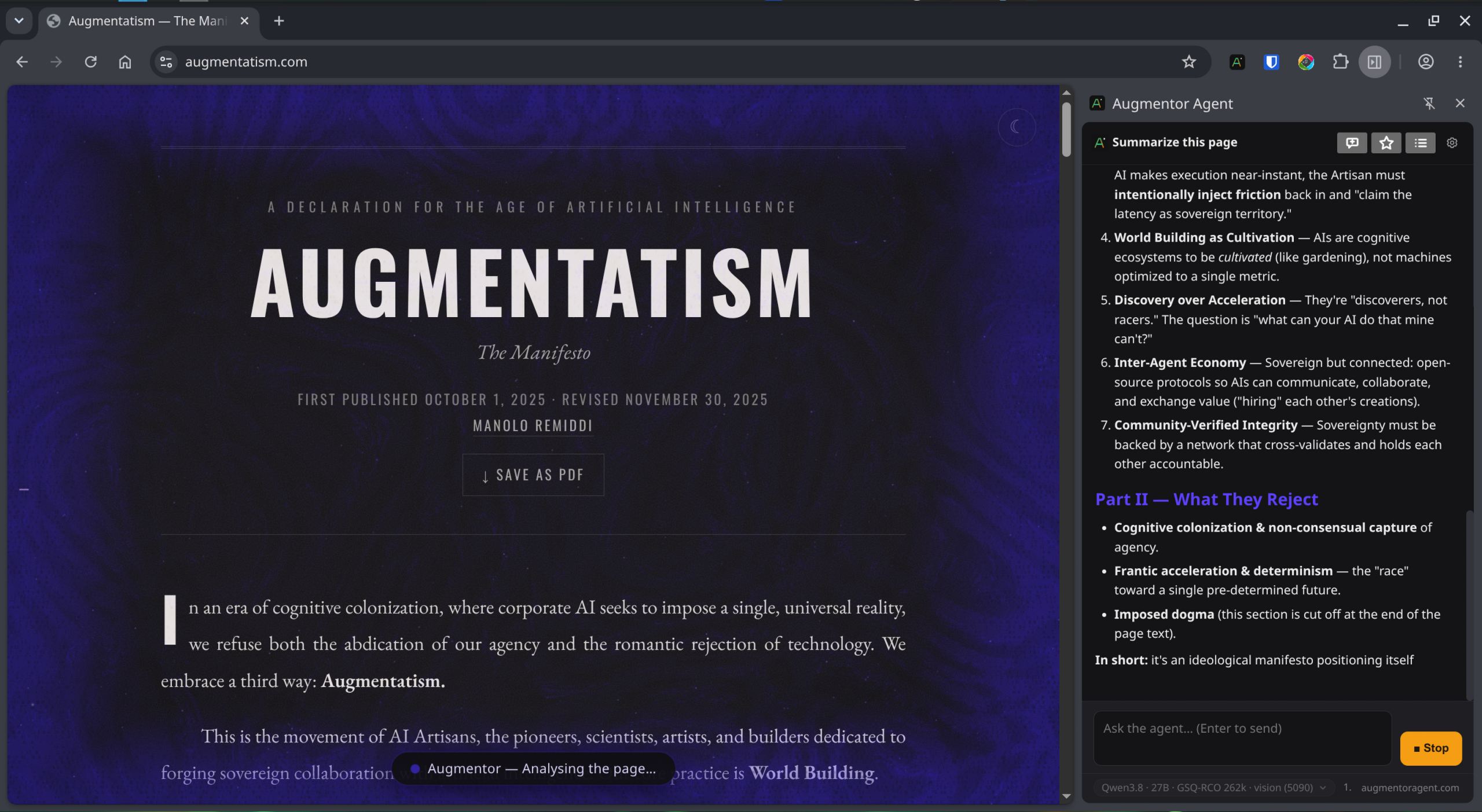 Current Augmentor Browser sidebar working alongside a real Chromium tab