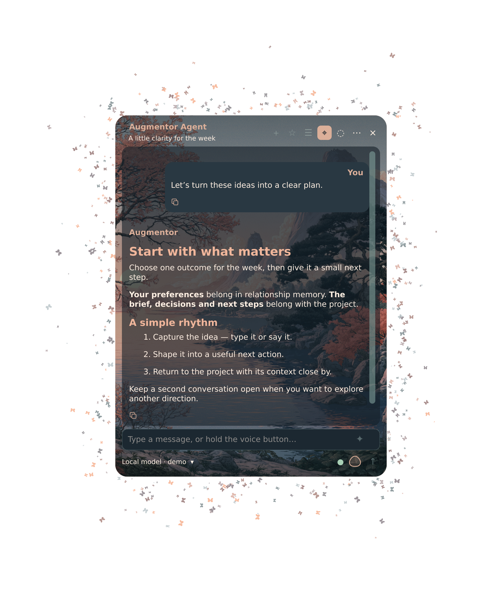 Native desktop with Blossom lake background, butterflies and integrated audio control