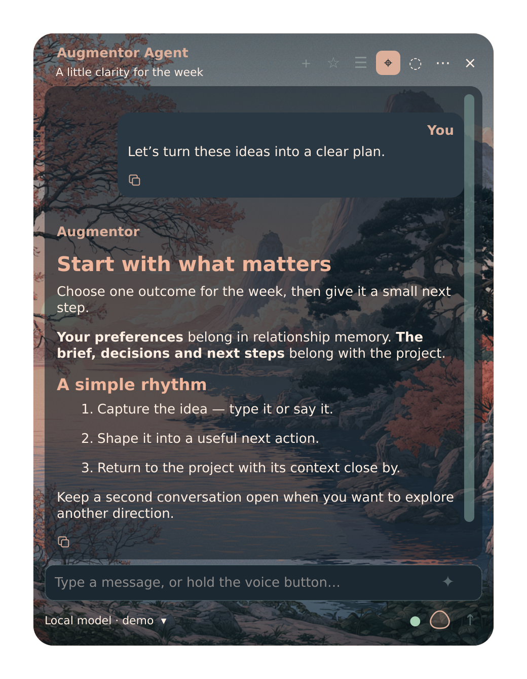 Augmentor Desktop with the Blossom lake skin, synthetic conversation and integrated audio control