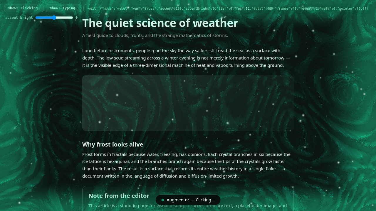 The Augmentor frost veil over a browser tab with a status pill